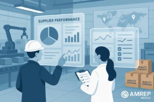 Engineers analyzing real-time supplier data on digital dashboards inside a modern factory with charts, quality checklists, and global supply chain visuals.